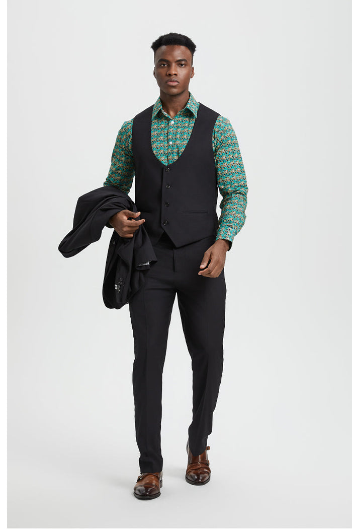 Stacy Adams Black Peak Lapel Vested Suit