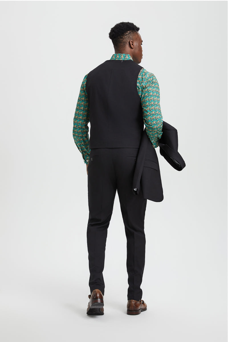 Stacy Adams Black Peak Lapel Vested Suit