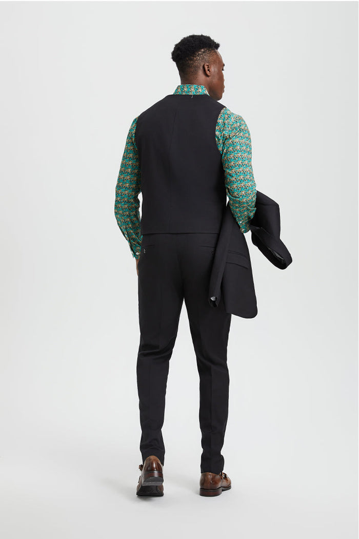 Stacy Adams Black Peak Lapel Vested Suit