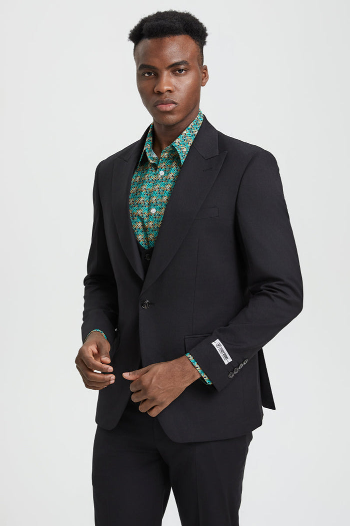 Stacy Adams Black Peak Lapel Vested Suit