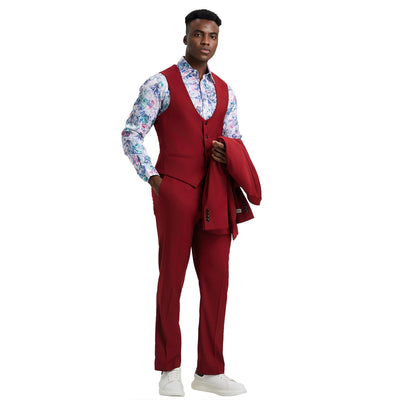 Men's Stacy Adams Hybrid-Fit 3pc Suit Set, Jacket Vest and Pants - Cherry