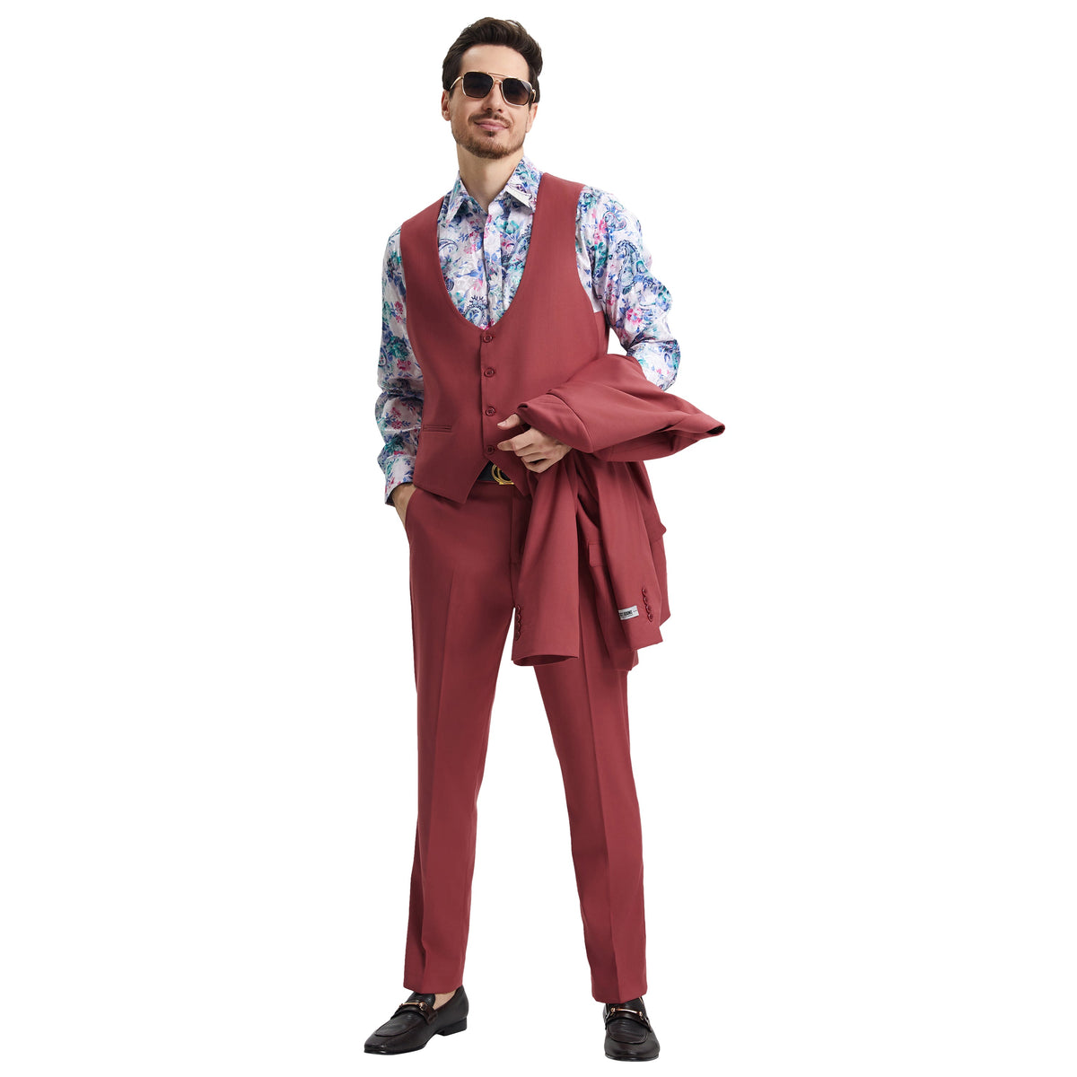Men's Stacy Adams Hybrid-Fit 3pc Suit Set, Jacket Vest and Pants - Coral