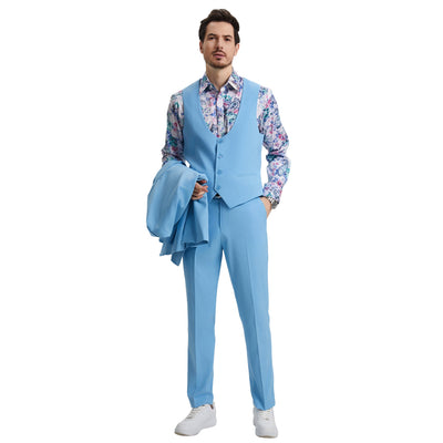 Men's Stacy Adams Hybrid-Fit 3pc Suit Set, Jacket Vest and Pants - Sky Blue