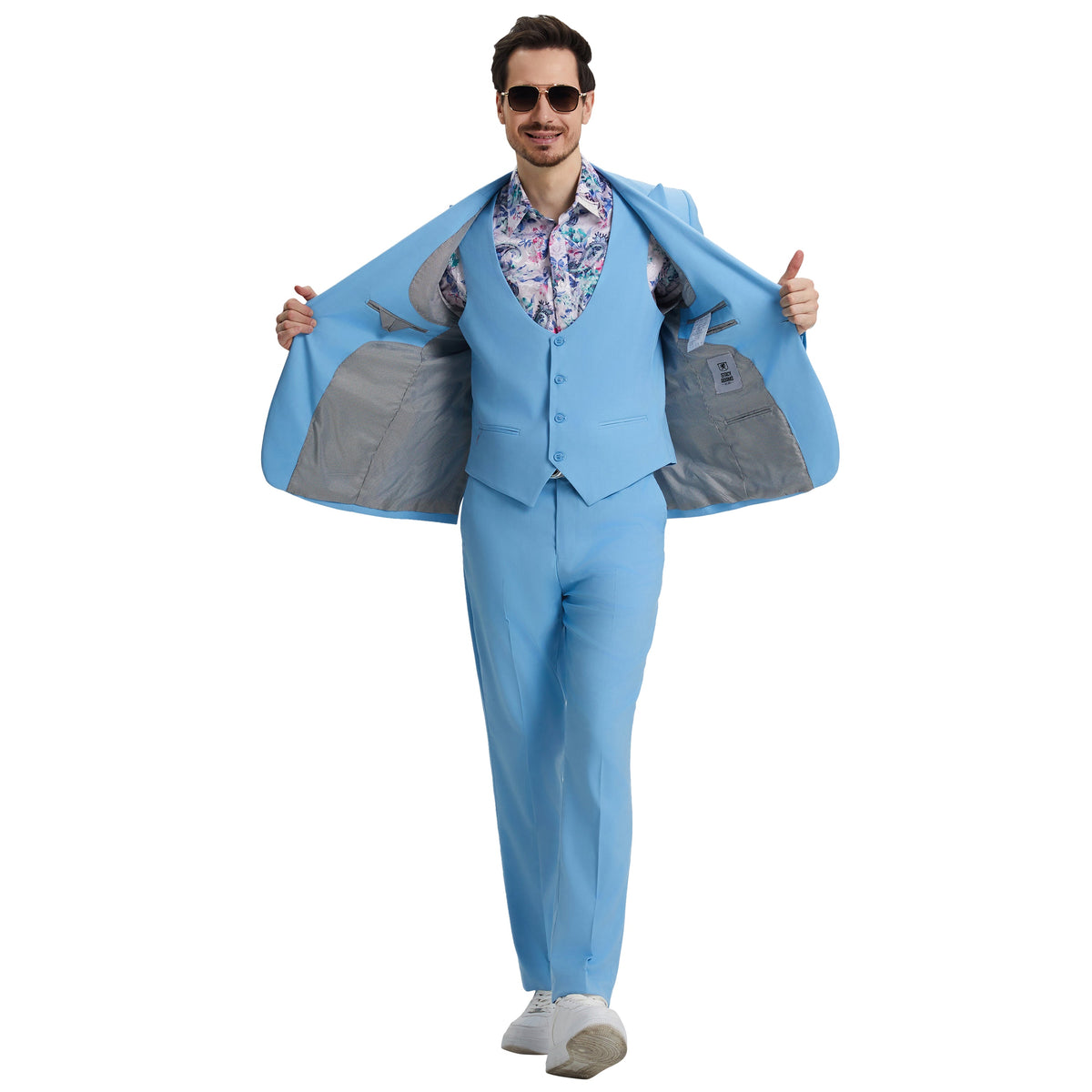 Men's Stacy Adams Hybrid-Fit 3pc Suit Set, Jacket Vest and Pants - Sky Blue