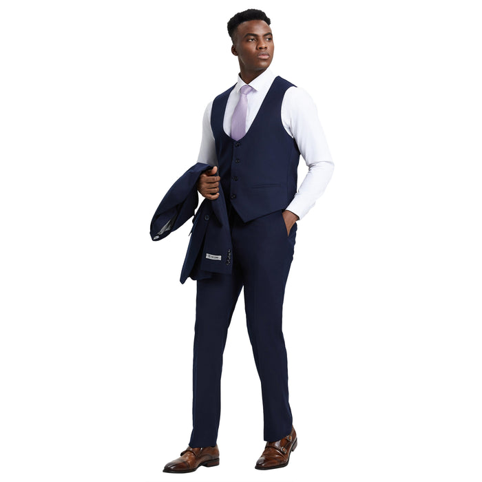 Men's Stacy Adams Hybrid-Fit 3pc Suit Set, Jacket Vest and Pants - Navy