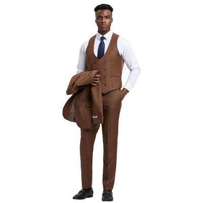 Men's Stacy Adams Sharkskin 3-Piece Suit - Cognac