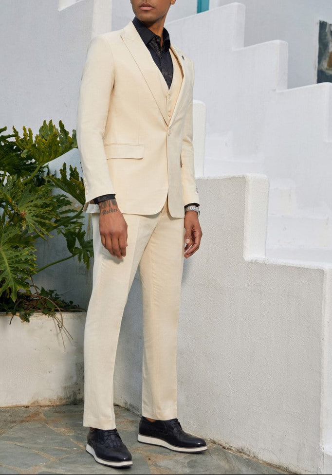 3 Piece Hybrid Fit Tan Textured Peak Lapel Suit