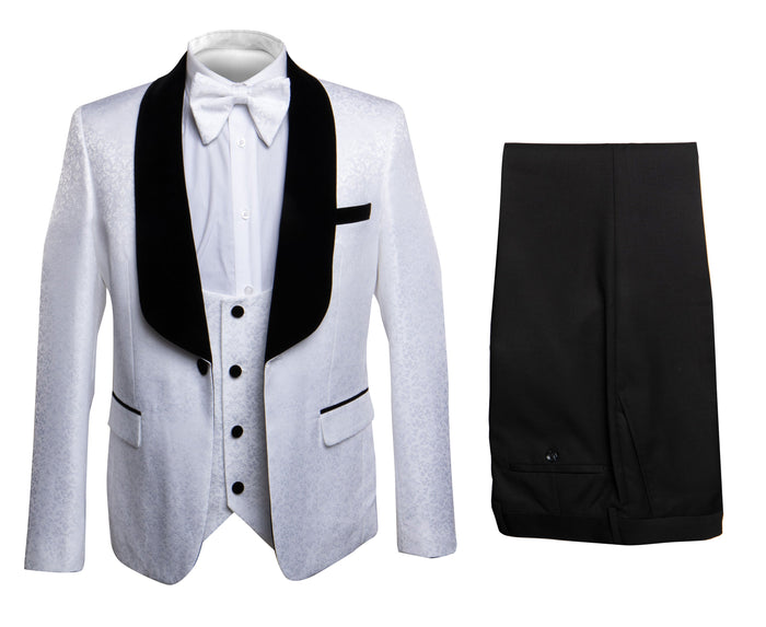 Rossi Man White Floral Shawl 3 Piece Tuxedo