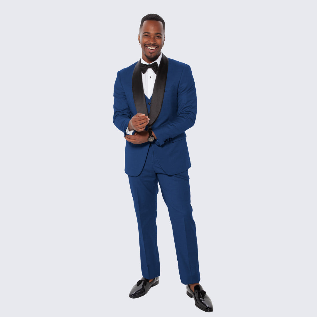 Indigo Slim Fit Tuxedo with Large Black Shawl Lapel – 3 Piece Wedding & Prom Set