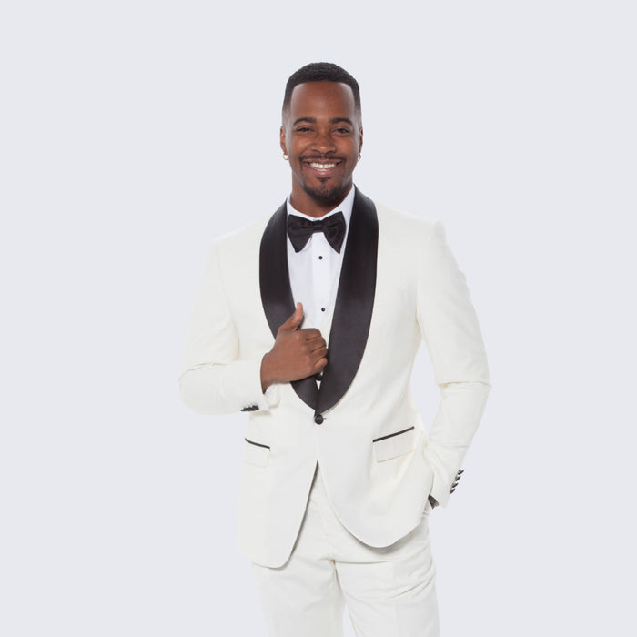 Ivory Slim Fit Tuxedo with Black Shawl Lapel – 3 Piece Wedding & Prom Set