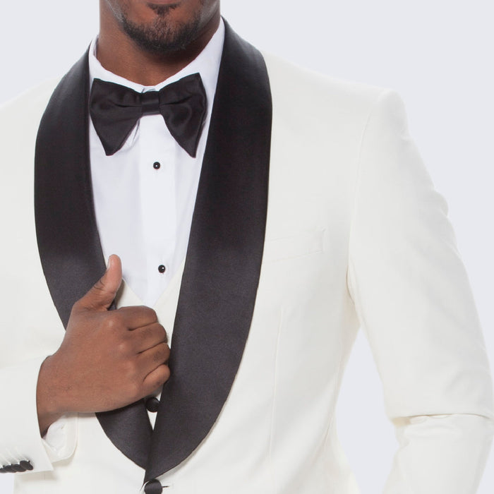Ivory Slim Fit Tuxedo with Black Shawl Lapel – 3 Piece Wedding & Prom Set