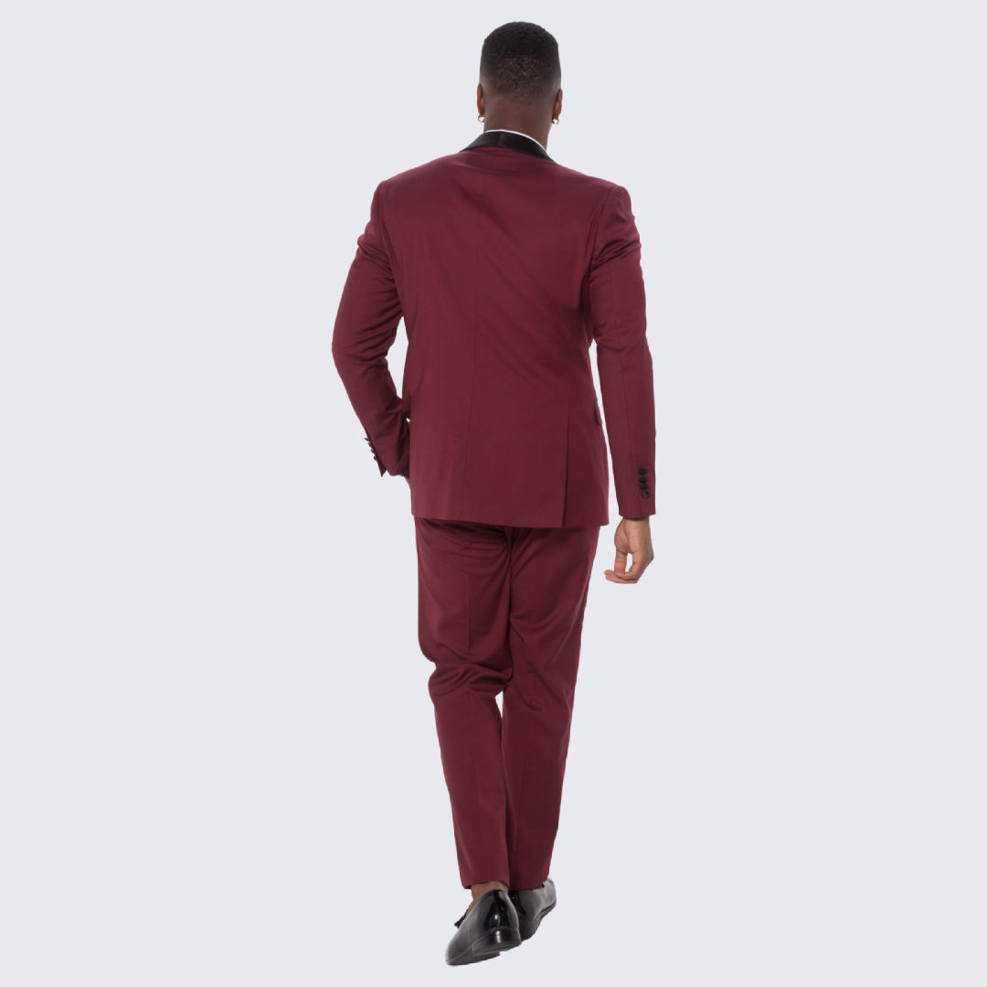 Burgundy Slim Fit Tuxedo with Large Black Shawl Lapel – 3 Piece Wedding & Prom Set