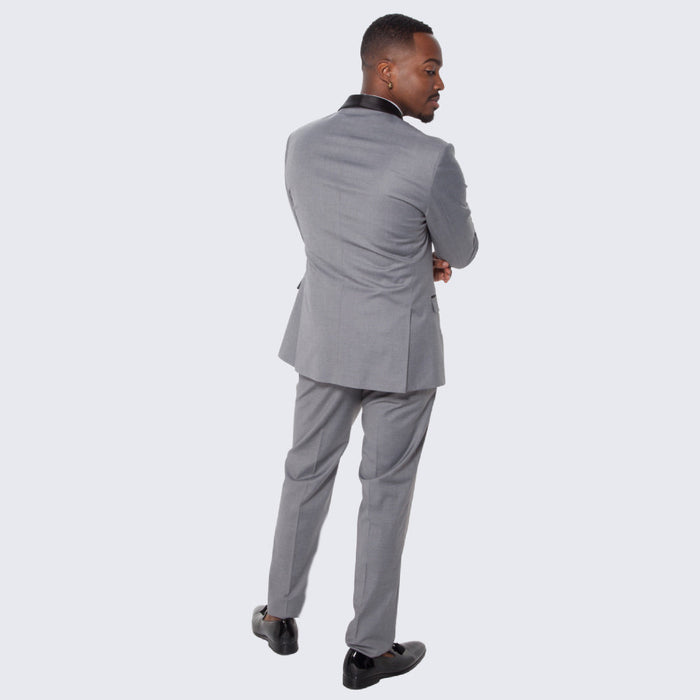 Grey Slim Fit Tuxedo with Large Black Shawl Lapel – 3 Piece Wedding & Prom Set