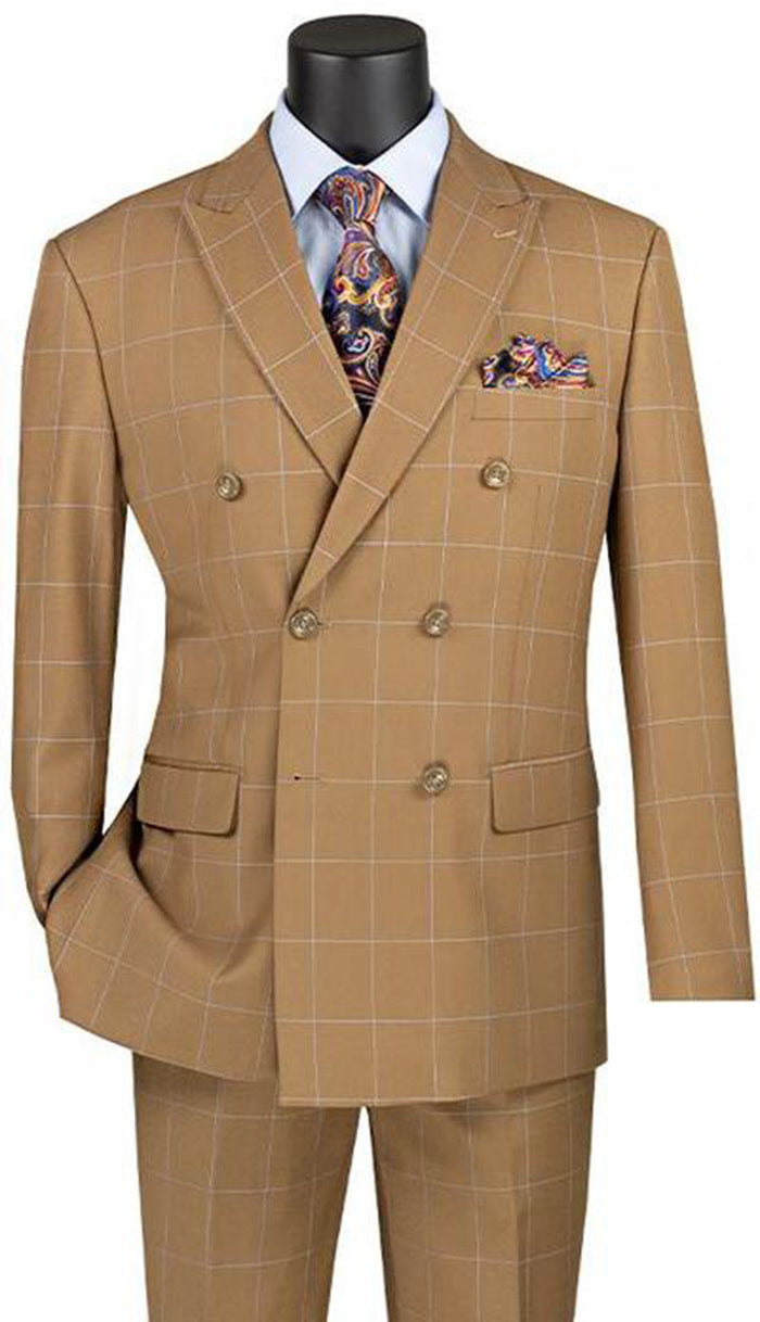 Camel Double Breasted Windowpane Suit - Naples Collection