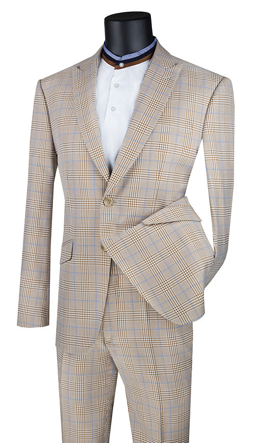 Beige Glen Plaid Slim Fit Suit with Matching Pants