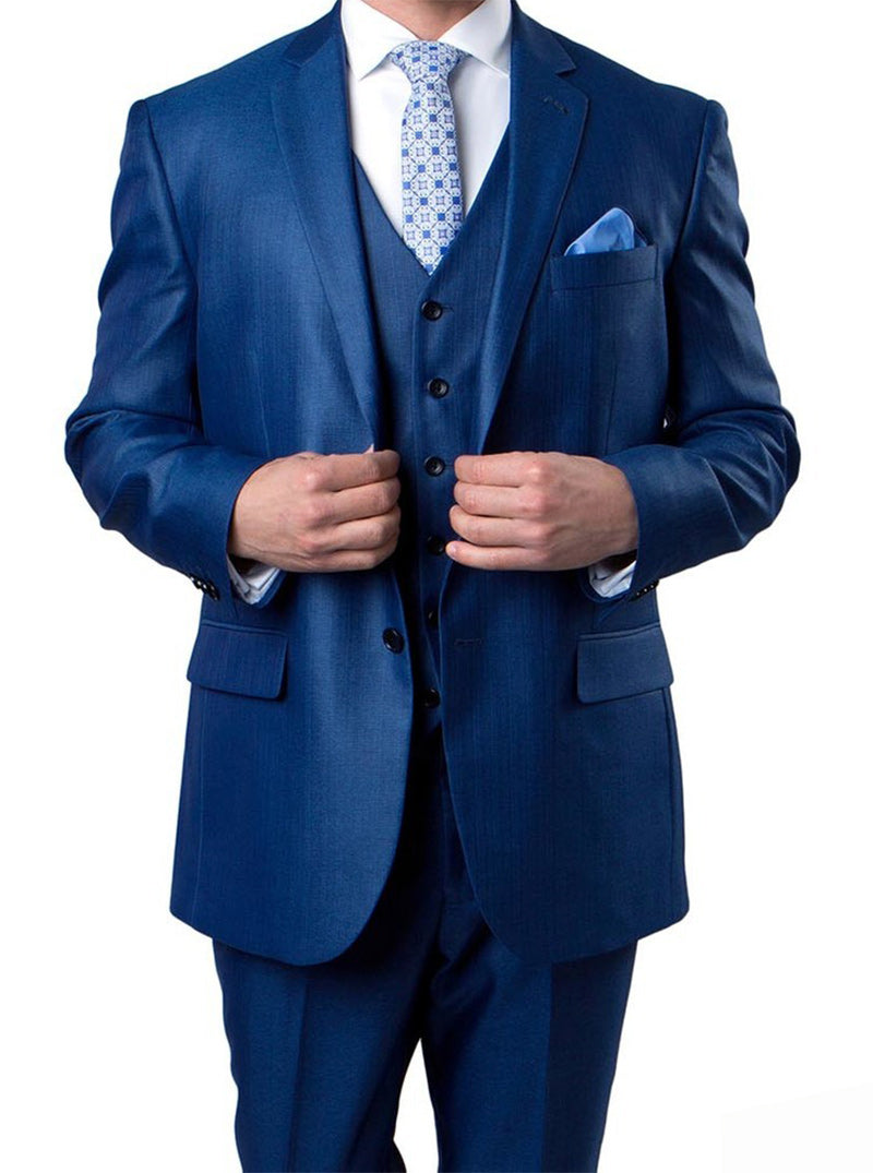 Blue 3 Piece Modern Fit Suit with V-Neck Vest