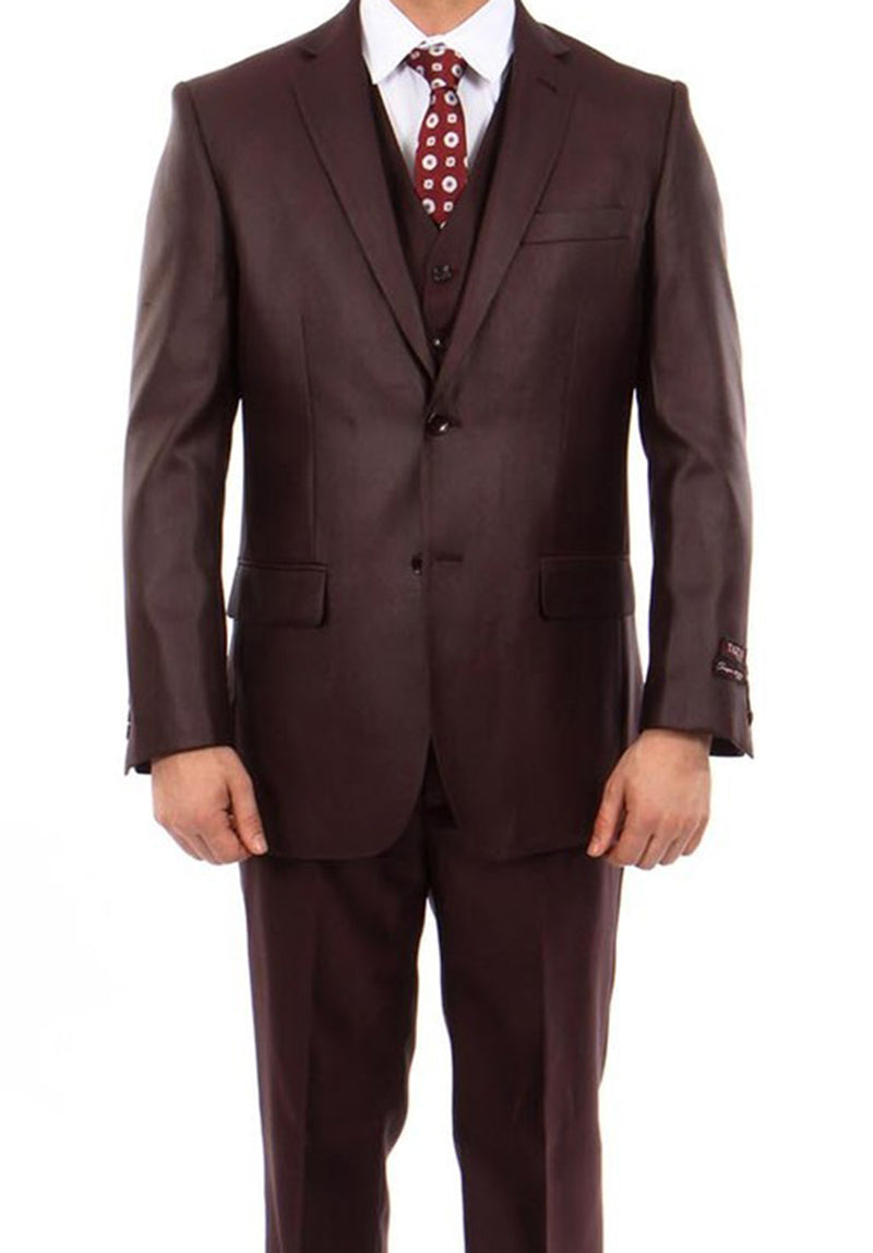 Burgundy Modern Fit Three Piece Suit with V-Neck Vest