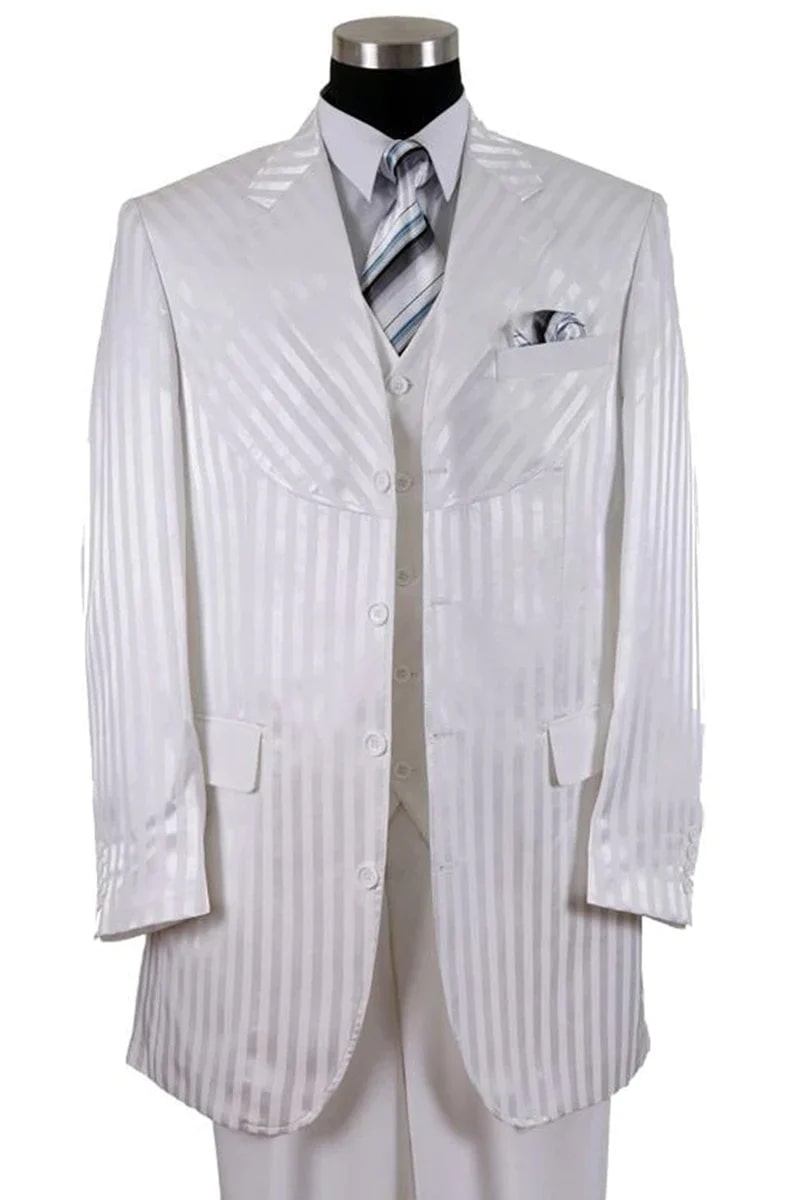 Mens 4 Button Semi Wide Leg Stripe Suit White