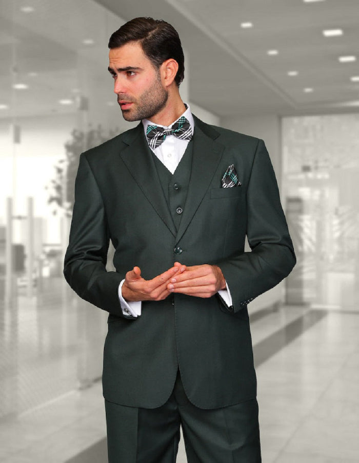 Hunter Green Modern Fit 2 Button Vested Wool Suit