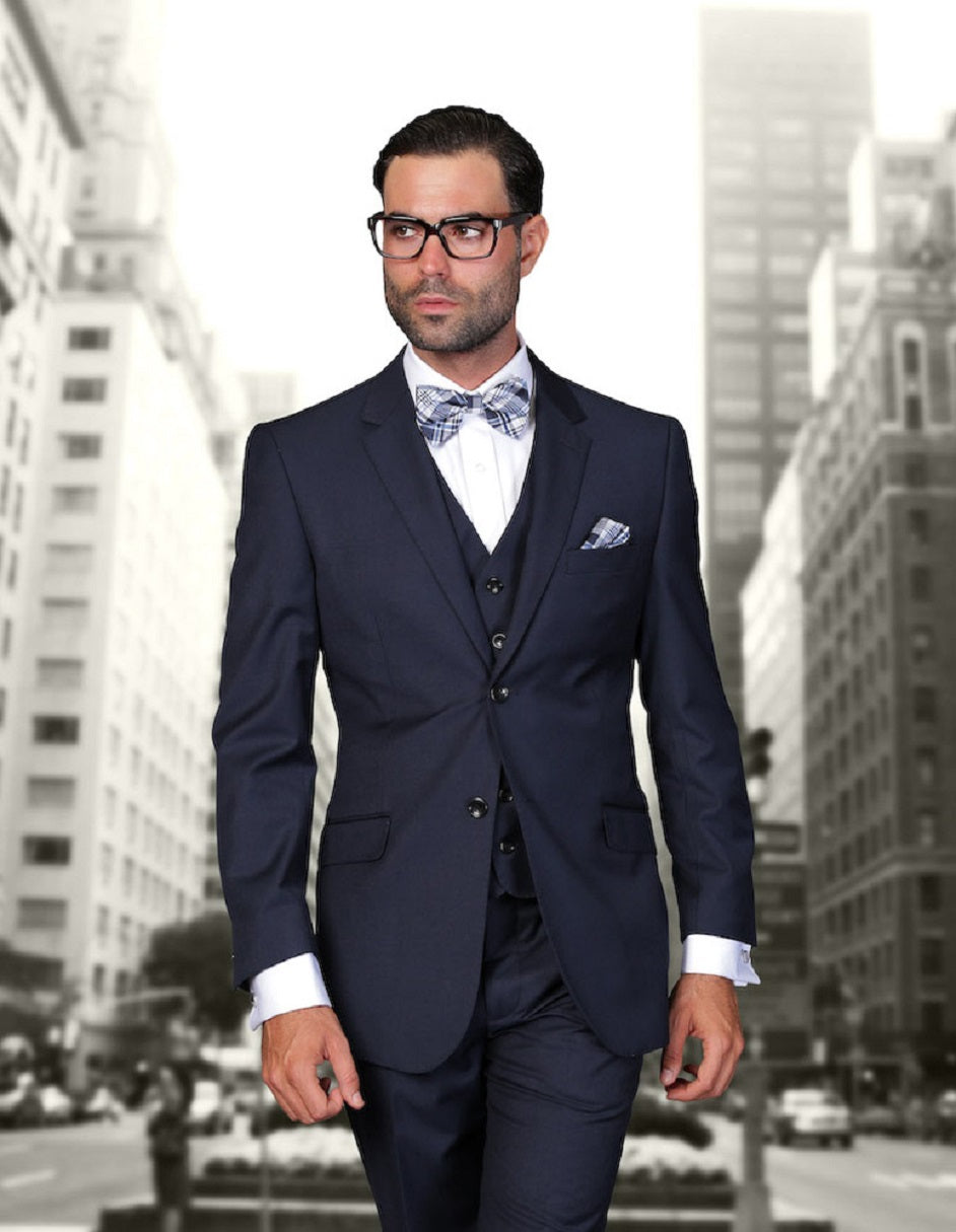 Modern Fit Navy Wool Vested Suit - Statement