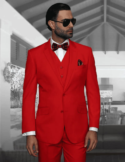 Modern Fit Red Wool Suit with Vest - 2 Button