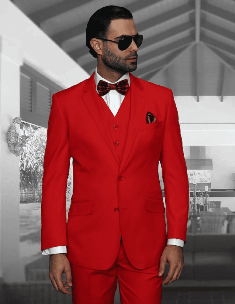 Modern Fit Red Wool Suit with Vest - 2 Button