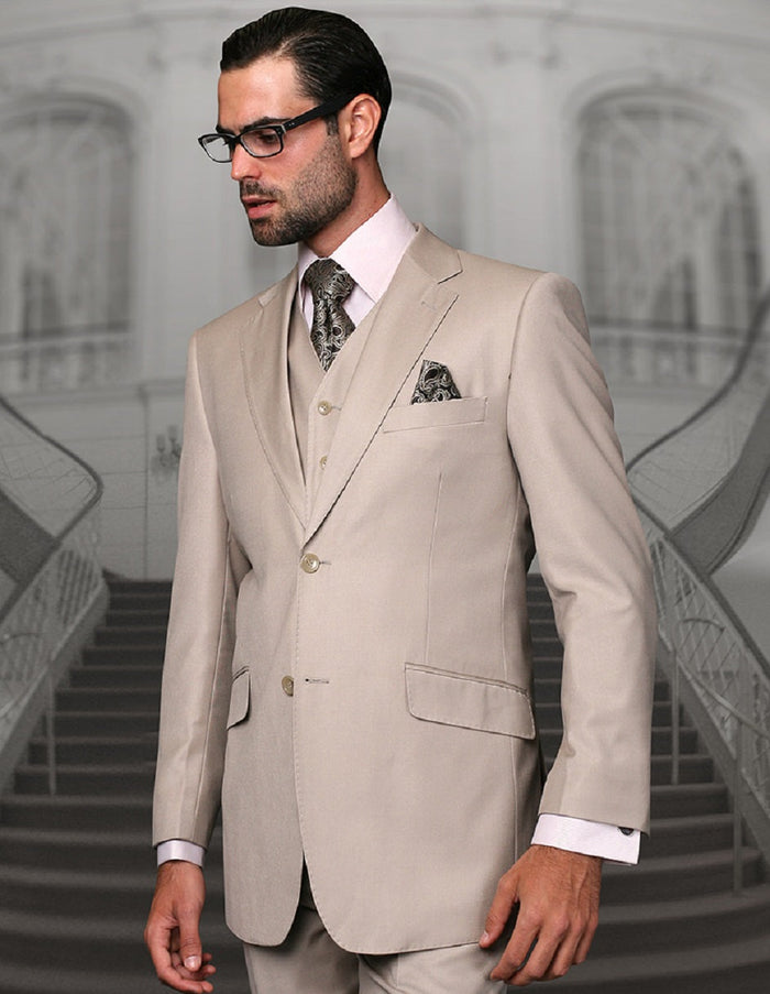2 Button Modern Fit Vested Wool Suit in Sand