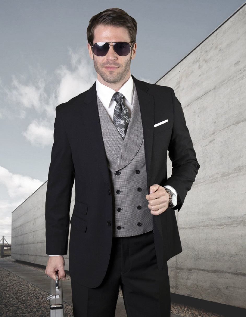 Men's 2-Button Wool Suit with Shawl Vest - Black