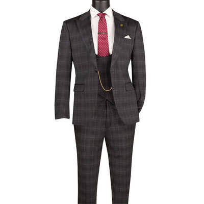 Men's black Glen Plaid 3-piece slim fit suit with matching vest and adjustable waistband