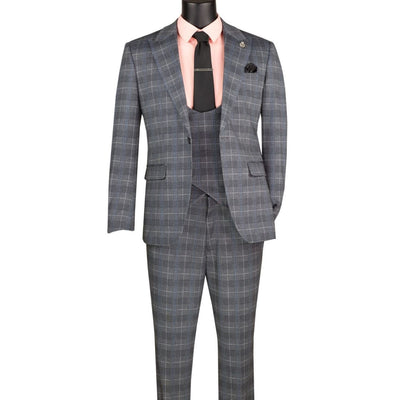Men's grey Glen Plaid 3-piece slim fit suit with matching vest and adjustable waistband