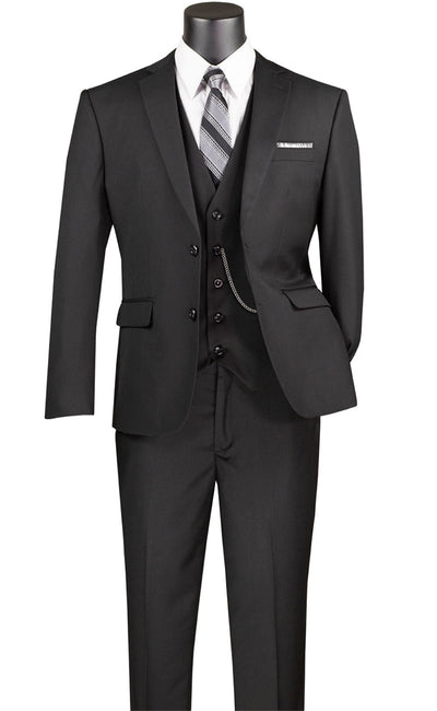 Slim Fit Men's 3 Piece 2 Button Suit - Black