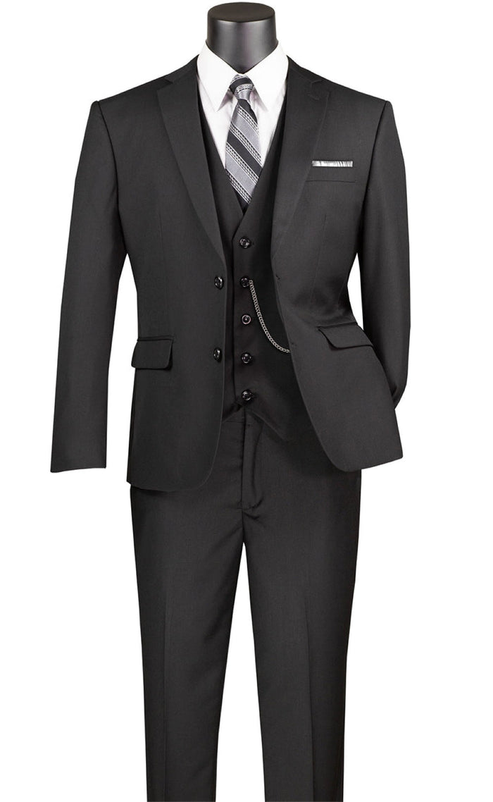 Slim Fit Men's 3 Piece 2 Button Suit - Black
