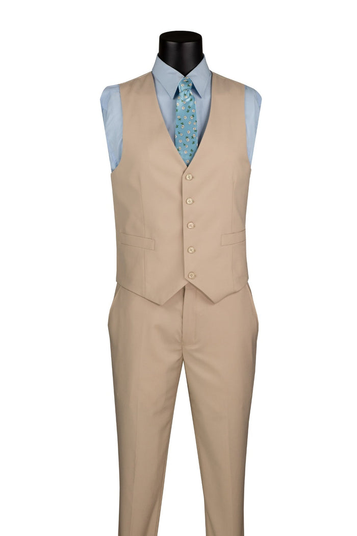 Slim Fit Three Piece Stone Business Suit