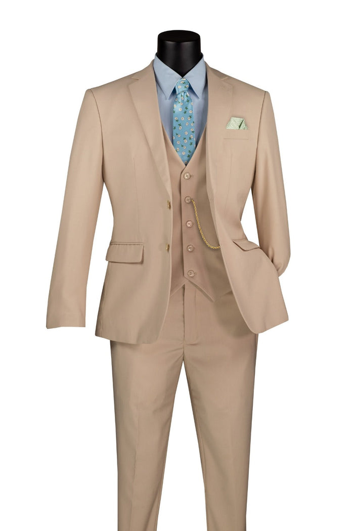 Slim Fit Three Piece Stone Business Suit
