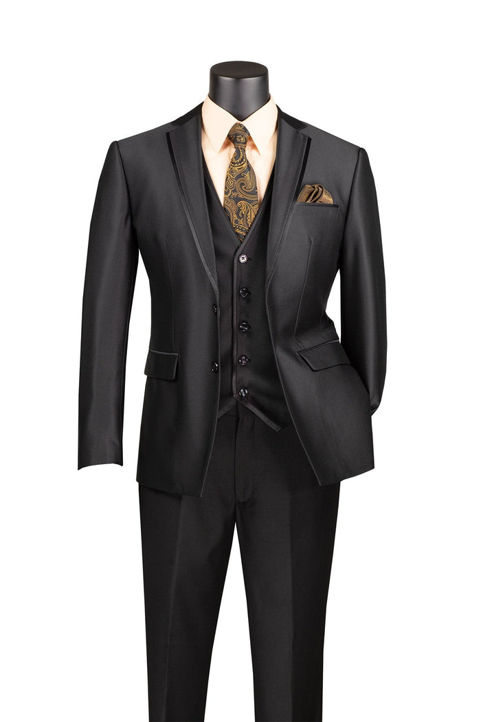 Slim Fit 3 Piece Satin Suit - Black Satin Finish