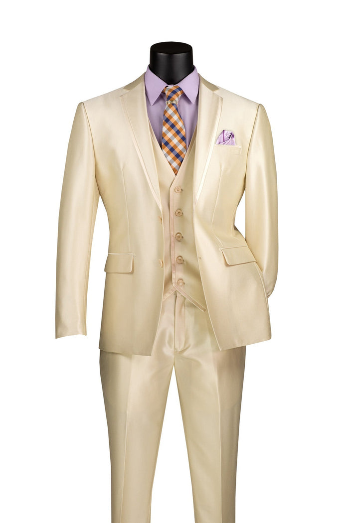 Slim Fit Satin 3 Piece Suit - Champagne Beige
