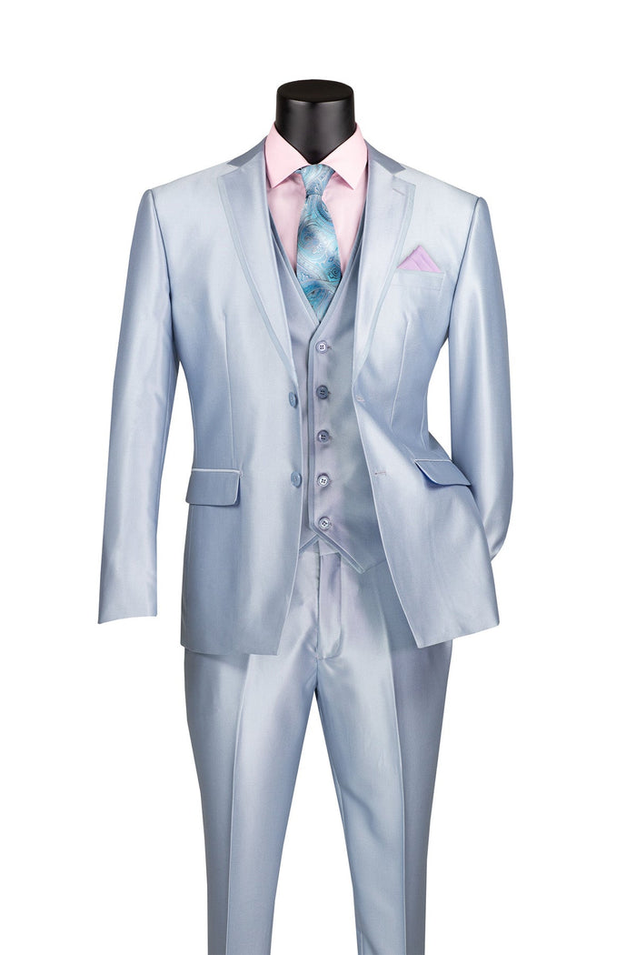 Ice Blue Satin Slim Fit 3-Piece Suit