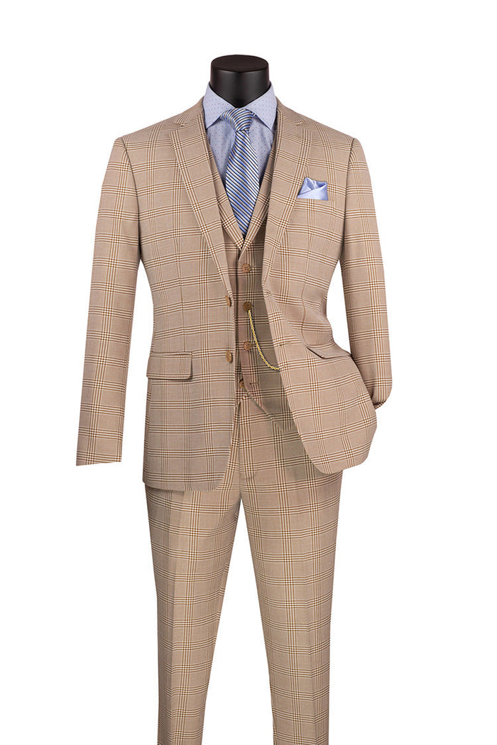 Beige Windowpane Slim Suit 3 Piece with Vest
