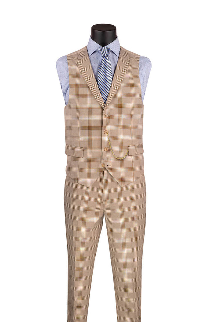 Beige Windowpane Slim Suit 3 Piece with Vest