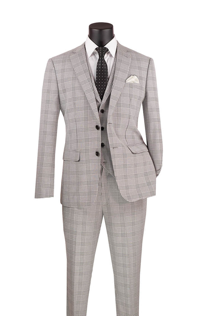 Slim Fit Windowpane 3 Piece Suit with Vest