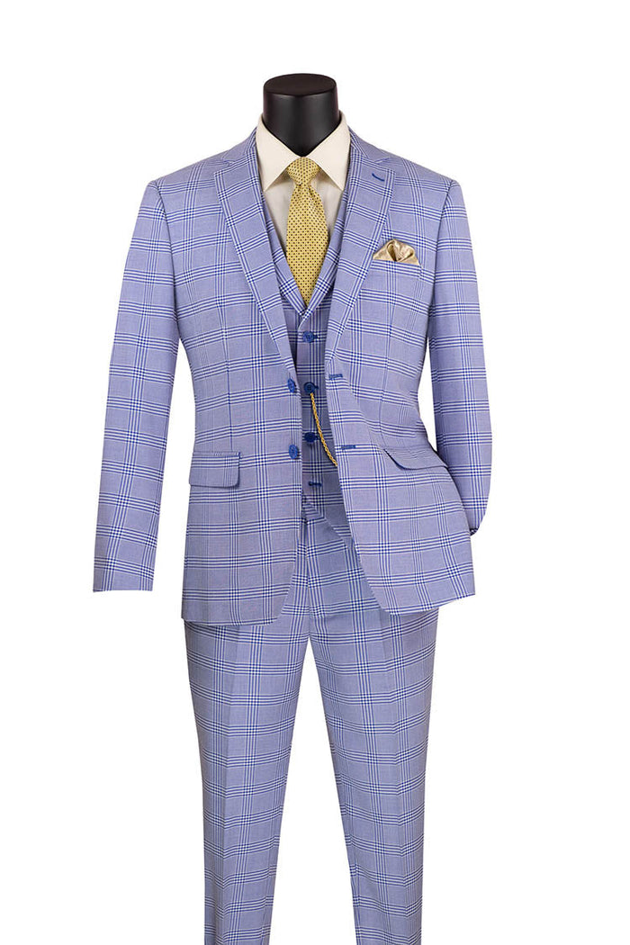 Sky Blue Windowpane 3 Piece Slim Fit Suit