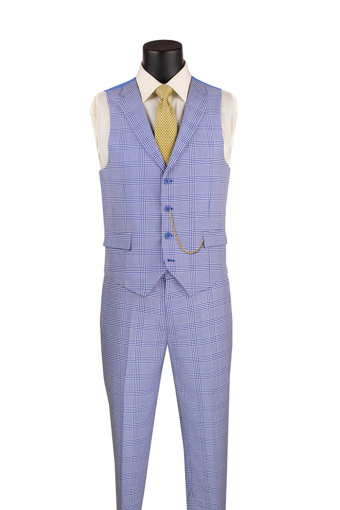 Sky Blue Windowpane 3 Piece Slim Fit Suit