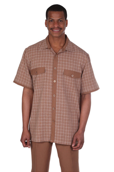 Mens Short Sleeve Mini Plaid Walking Suit in Brown