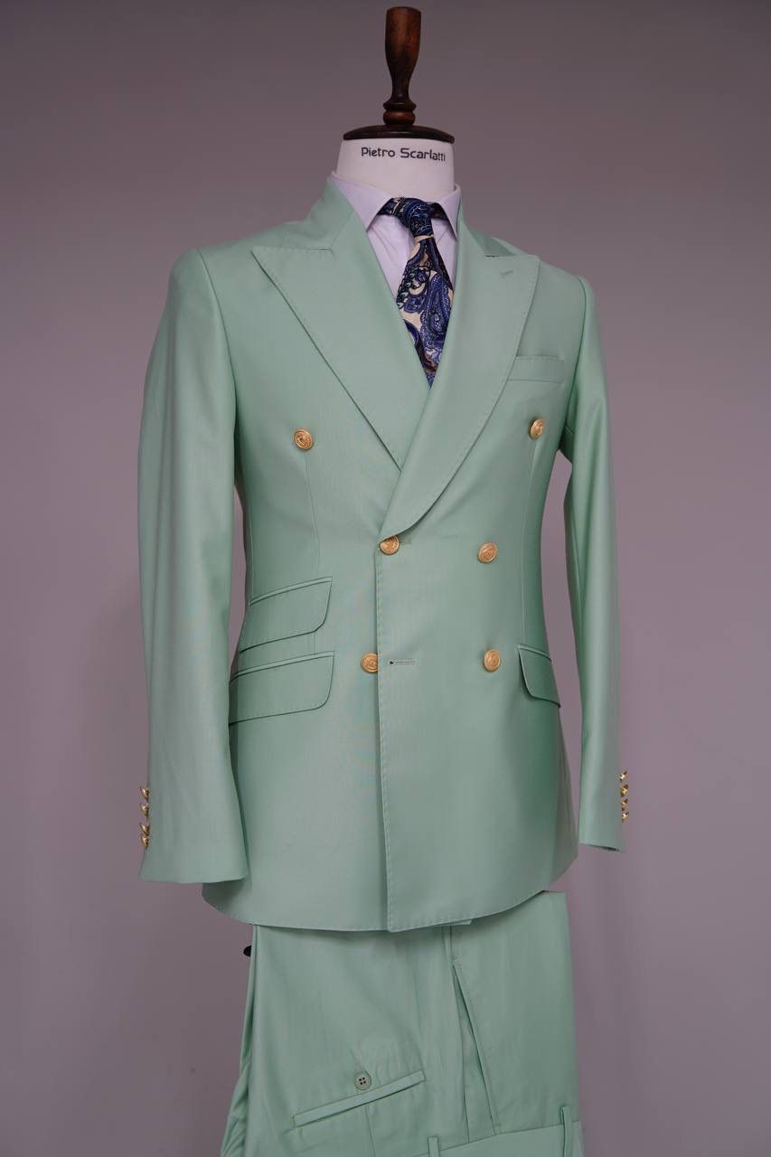 Sage Green Double-Breasted Slim Suit with Gold Buttons