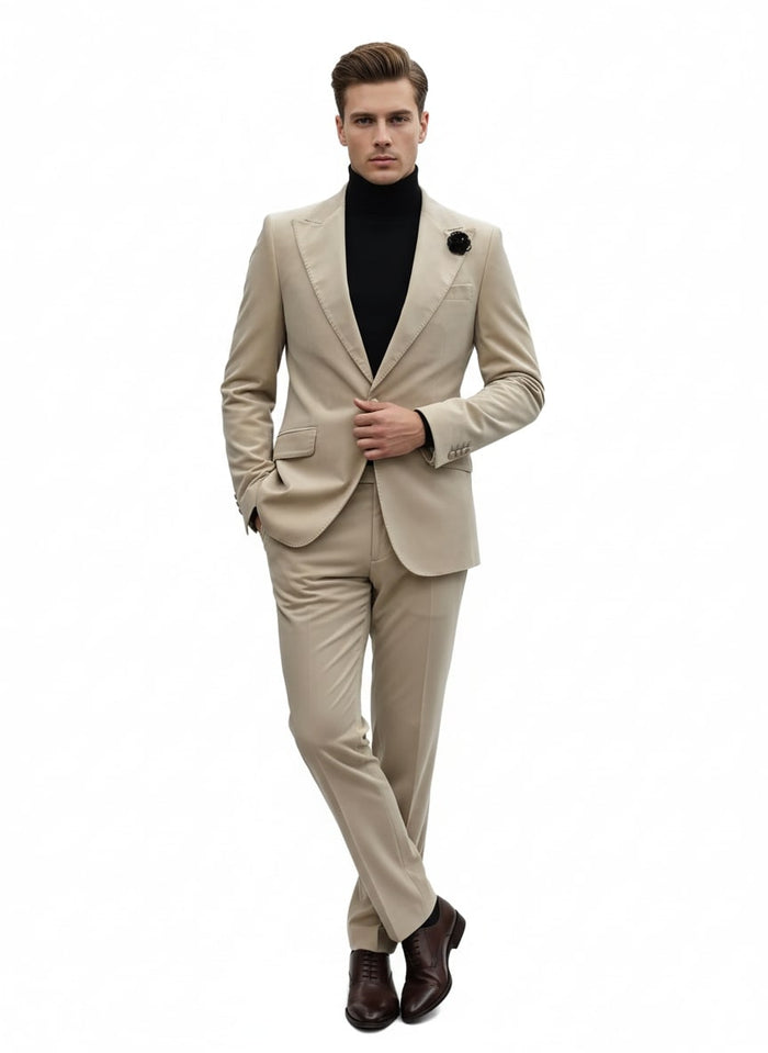 Sand Beige Velvet Slim Tuxedo Suit - 2 Piece Set