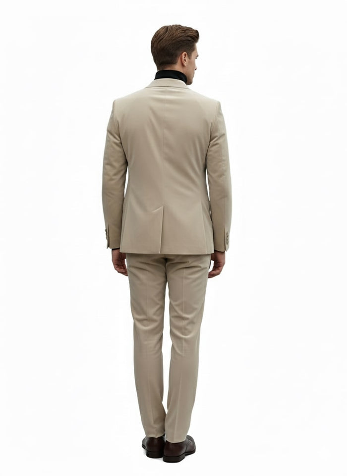 Sand Beige Velvet Slim Tuxedo Suit - 2 Piece Set