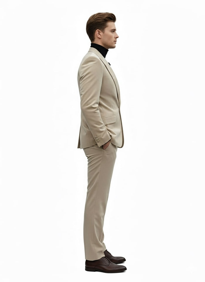 Sand Beige Velvet Slim Tuxedo Suit - 2 Piece Set