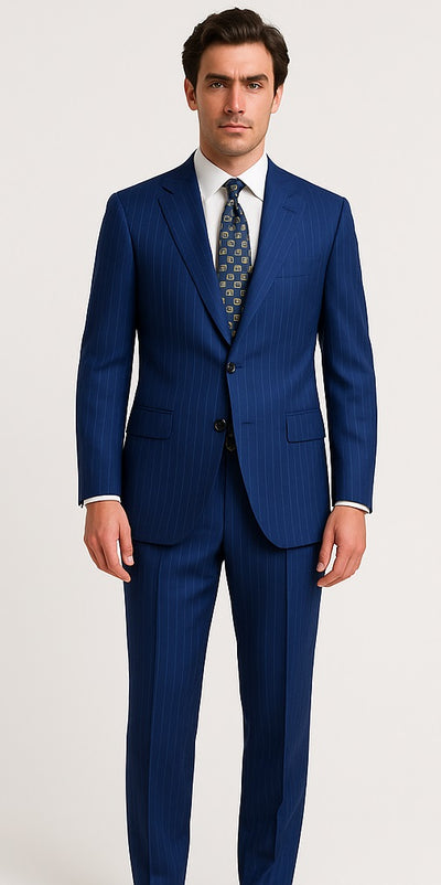 M120-04 Sapphire Blue Bright Blue Indigo Teal Cobalt Pinstripe ~Stripe 2 Buttons Flat Front Pants