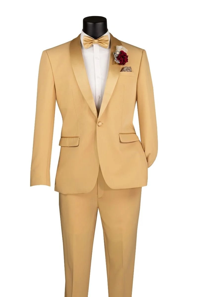 Light Gold Tuxedo Suit - Satin Shawl Lapel, Mustard