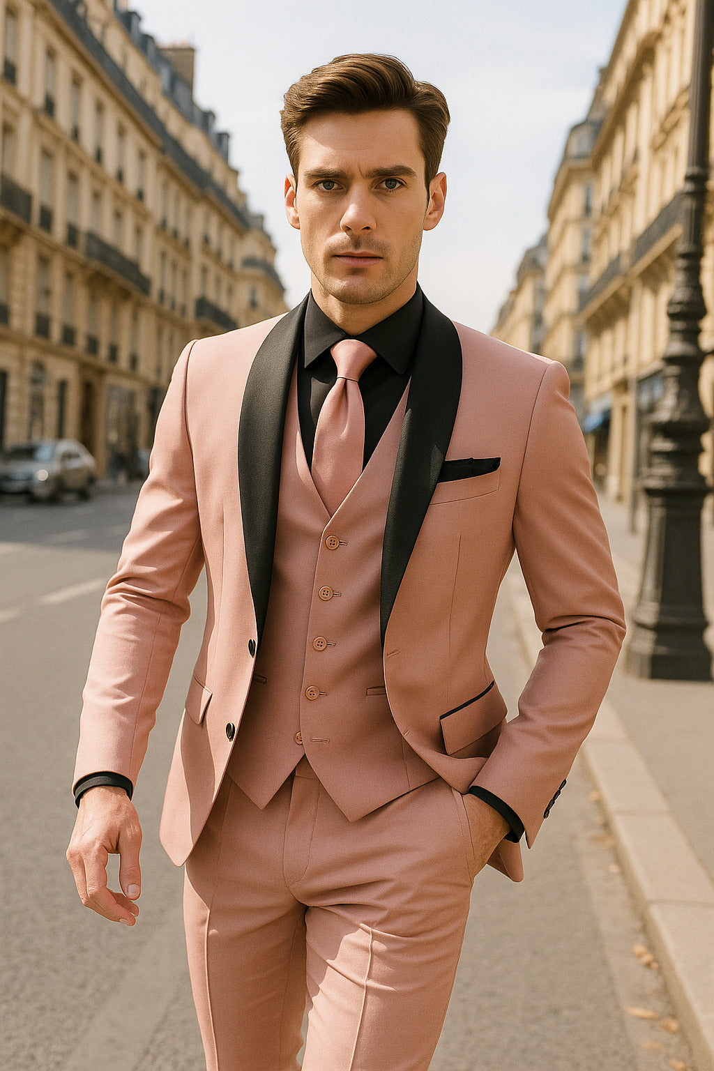 Groom Rose Gold Vest And Tie Men's Light Pink 3-Piece Tuxedo Suit With Black Satin Shawl Lapel Formal Wear Ultra Slim Fitted In Blush Color Groom Rose Gold Vest And Tie Men's Light Pink 3-Piece Tuxedo Suit With Black Satin Shawl Lapel Formal Wear Ultra Slim Fitted In Blush Color